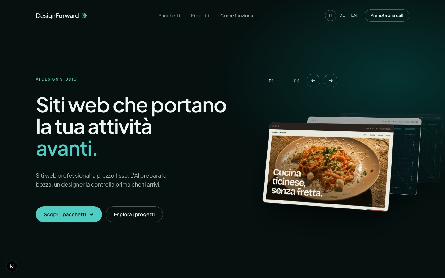 The new Design Forward home page, dark and teal: a headline about websites that move a business forward, beside a client site shown in a browser window.